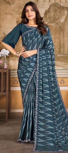 Blue color Saree in Chiffon fabric with Digital Print work