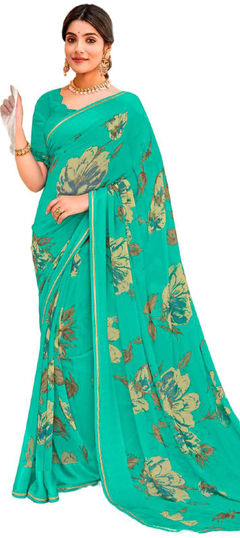 Green color Saree in Georgette fabric with Floral, Printed work