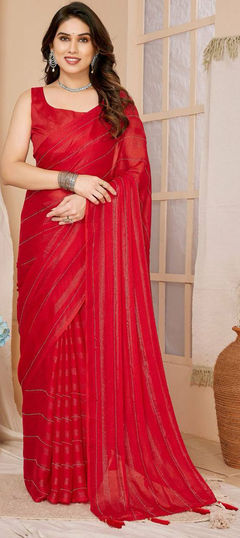 Red and Maroon color Saree in Art Silk fabric with Thread work