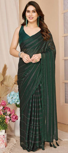 Green color Saree in Art Silk fabric with Thread work