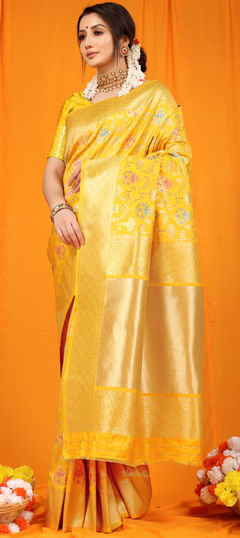 Yellow color Saree in Kanchipuram Silk fabric with Weaving, Zari work