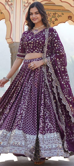 Purple and Violet color Lehenga in Viscose fabric with Embroidered, Sequence work