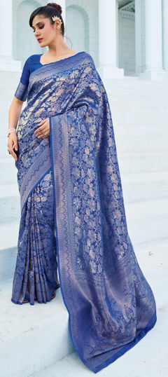 Blue color Saree in Blended fabric with Weaving, Zari work