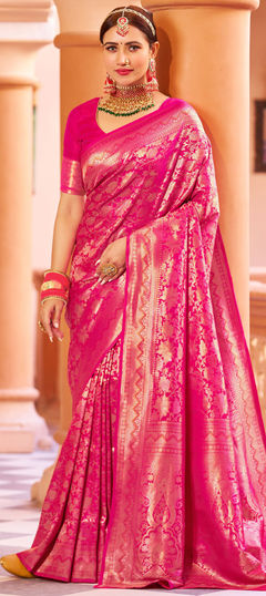 Pink and Majenta color Saree in Blended fabric with Weaving, Zari work