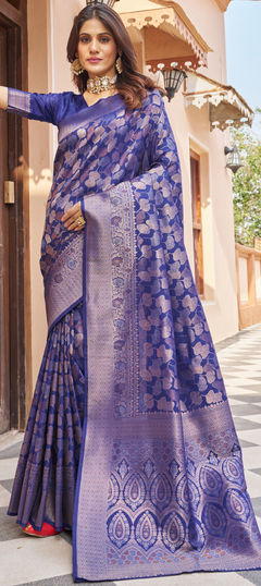 Blue color Saree in Blended fabric with Weaving, Zari work