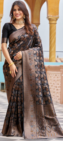 Black and Grey color Saree in Blended fabric with Weaving, Zari work