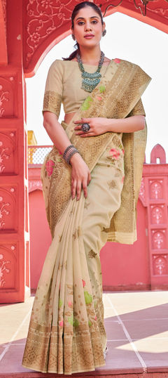 Beige and Brown color Saree in Blended Cotton fabric with Weaving, Zari work