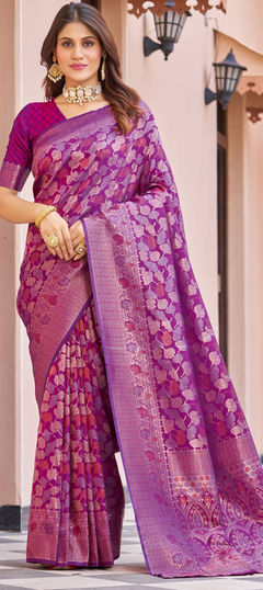 Pink and Majenta color Saree in Blended fabric with Weaving, Zari work