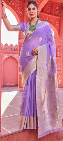 Purple and Violet color Saree in Blended Cotton fabric with Weaving, Zari work