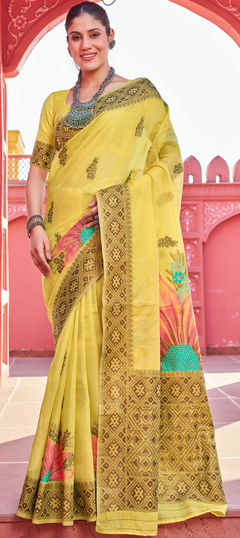 Yellow color Saree in Blended Cotton fabric with Weaving, Zari work