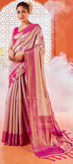 Pink and Majenta color Saree in Blended fabric with Weaving work