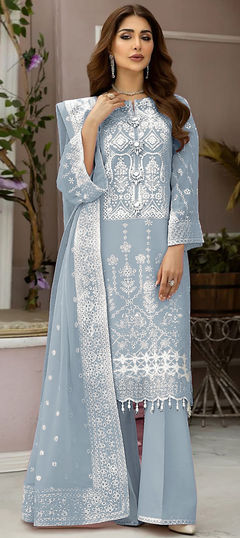 Black and Grey color Salwar Kameez in Organza Silk fabric with Embroidered, Thread work