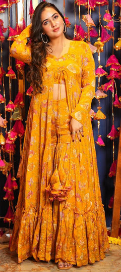 Festive, Reception Yellow color Salwar Kameez in Art Silk fabric with Digital Print work : 1941339