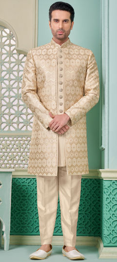 Gold color IndoWestern Dress in Banarasi Silk fabric with Embroidered, Thread work