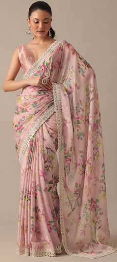 Pink and Majenta color Saree in Georgette fabric with Embroidered, Floral, Pleats, Sequence, Zari work