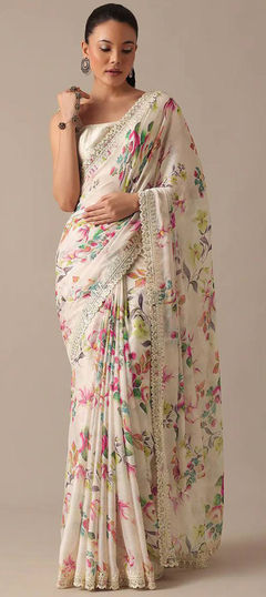 White and Off White color Saree in Georgette fabric with Embroidered, Floral, Pleats, Sequence, Zari work