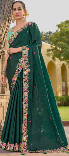 Engagement, Mehendi Sangeet, Wedding Green color Saree in Organza Silk fabric with Classic Embroidered, Resham, Stone, Zari work : 1941493