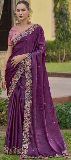 Engagement, Mehendi Sangeet, Wedding Purple and Violet color Saree in Organza Silk fabric with Classic Embroidered, Resham, Stone, Zari work : 1941495