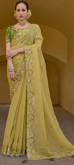 Yellow color Saree in Organza Silk fabric with Embroidered, Resham, Stone, Zari work