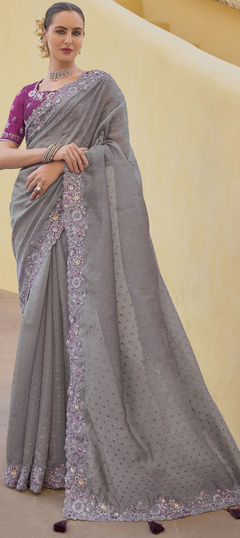 Engagement, Mehendi Sangeet, Wedding Black and Grey color Saree in Organza Silk fabric with Classic Embroidered, Resham, Stone, Zari work : 1941498