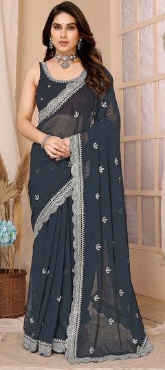 Blue color Saree in Chiffon fabric with Embroidered, Thread, Zari work