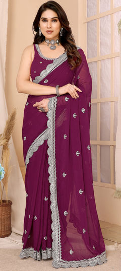 Purple and Violet color Saree in Chiffon fabric with Embroidered, Thread, Zari work