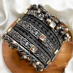 Silver Rodium Polish Oxidized Silver color Bangles in Metal Alloy studded with Beads