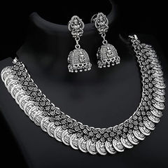 Silver Rodium Polish Oxidized Silver color Necklace in Metal Alloy studded with Beads