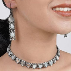Silver Rodium Polish Oxidized Silver color Necklace in Metal Alloy studded with Beads