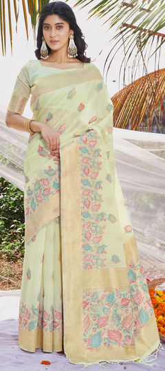 Party Wear, Summer, Traditional Green color Saree in Cotton fabric with Bengali Digital Print, Weaving work : 1941732