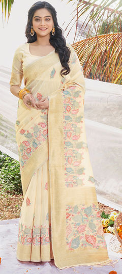 Party Wear, Summer, Traditional Yellow color Saree in Cotton fabric with Bengali Digital Print, Weaving work : 1941734