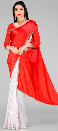 Party Wear, Traditional Pink and Majenta color Saree in Net, Satin Silk fabric with Half and Half Lace work : 1941750