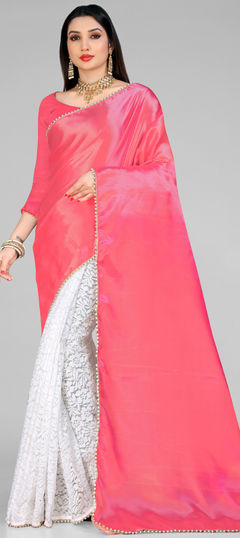 Party Wear, Traditional Pink and Majenta, White and Off White color Saree in Net, Satin Silk fabric with Half and Half Lace work : 1941762