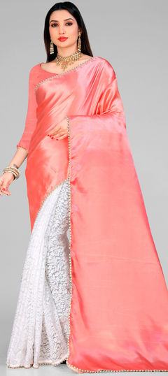 Party Wear, Traditional Pink and Majenta, White and Off White color Saree in Net, Satin Silk fabric with Half and Half Lace work : 1941764