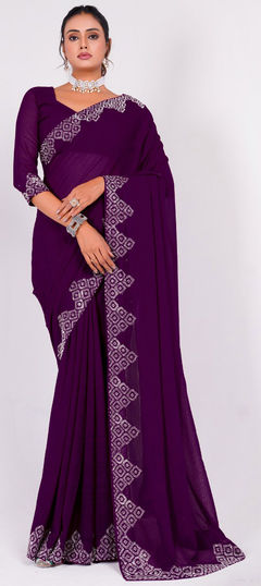 Purple and Violet color Saree in Art Silk fabric with Embroidered, Thread work