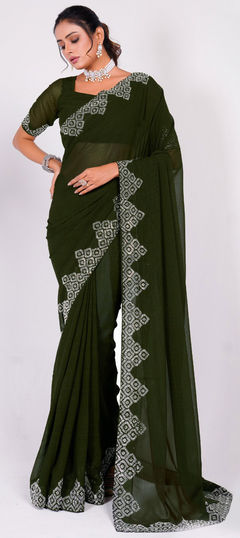 Green color Saree in Art Silk fabric with Embroidered, Thread work