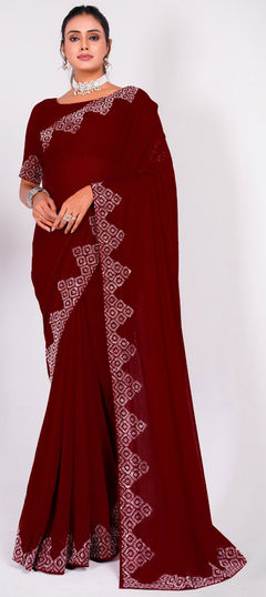 Red and Maroon color Saree in Art Silk fabric with Embroidered, Thread work