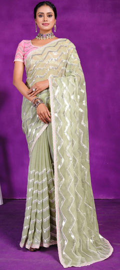 Green color Saree in Shimmer fabric with Sequence work