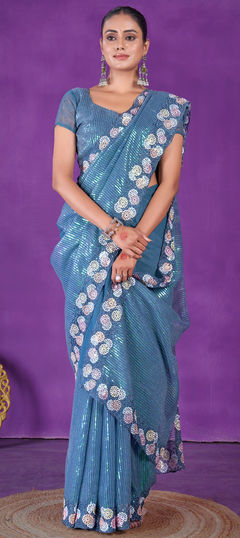 Blue color Saree in Shimmer fabric with Embroidered, Sequence, Thread work