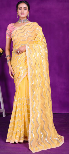 Yellow color Saree in Shimmer fabric with Sequence work