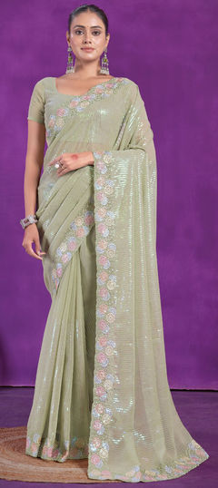 Green color Saree in Shimmer fabric with Embroidered, Sequence, Thread work