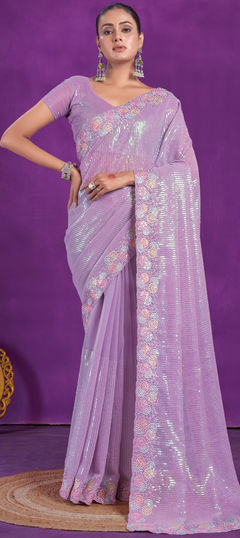 Purple and Violet color Saree in Shimmer fabric with Embroidered, Sequence, Thread work