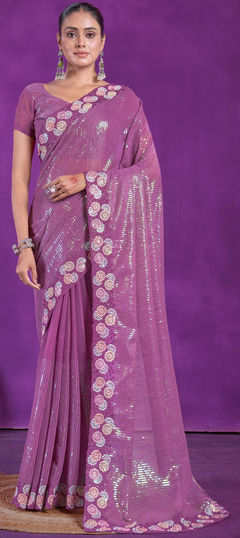 Purple and Violet color Saree in Shimmer fabric with Embroidered, Sequence, Thread work