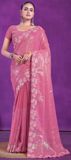 Pink and Majenta color Saree in Shimmer fabric with Embroidered, Sequence, Thread work