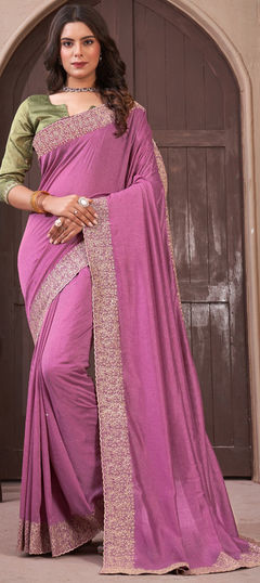 Pink and Majenta color Saree in Art Silk, Silk fabric with Embroidered, Thread work