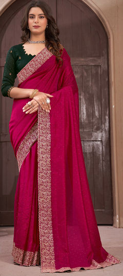 Pink and Majenta color Saree in Art Silk, Silk fabric with Embroidered, Thread work