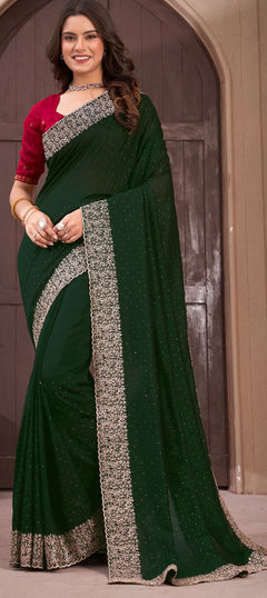 Green color Saree in Art Silk, Silk fabric with Embroidered, Thread work