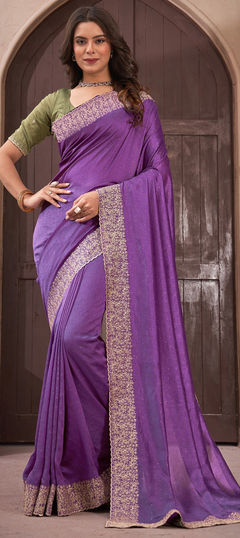 Purple and Violet color Saree in Art Silk, Silk fabric with Embroidered, Thread work