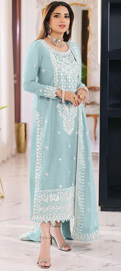 Blue color Salwar Kameez in Organza Silk fabric with Embroidered, Sequence work