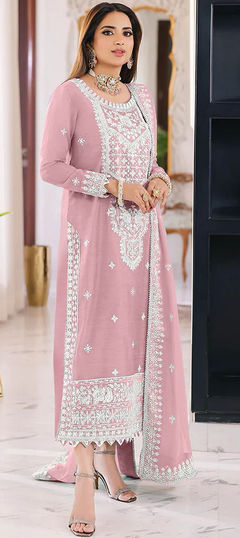 Pink and Majenta color Salwar Kameez in Organza Silk fabric with Embroidered, Sequence work